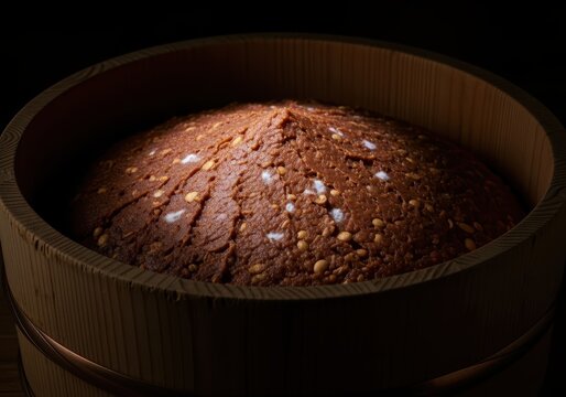 Fermented miso paste with soybeans in a traditional wooden bucket
