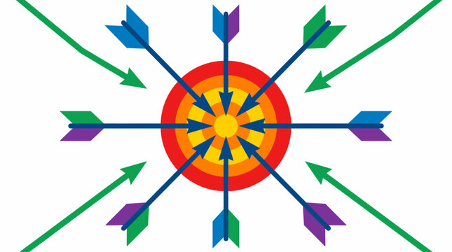 Flat vector illustration of target strategy concept, arrows converging toward a central point