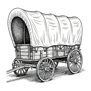 Vintage Covered Wagon Drawing, Old West Transportation, Hand-Drawn Sketch