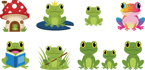 Obraz premium Vector Set of Cute Frogs with Various Expressions, Poses, and Accessories for Cartoon, Nature, and Animal Illustrations