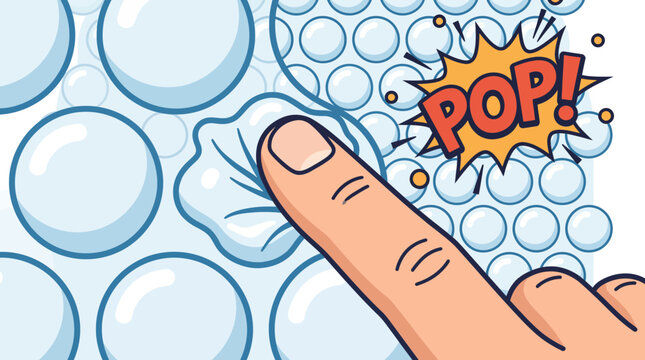 Macro illustration of a finger popping blue bubble wrap with a comic style pop sound effect