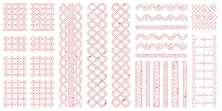 Collection of vintage red embroidery stitch patterns on a white background