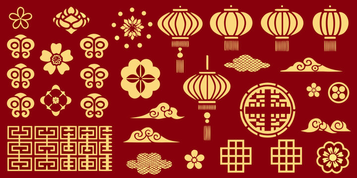Golden chinese new year motifs and traditional lantern illustrations