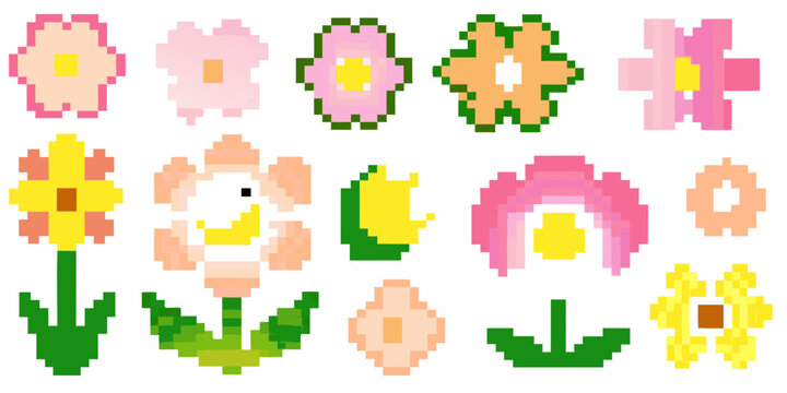 Arrangement of colorful pixelated flower graphics in various styles
