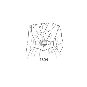1804 historical fashion sketch of a double-breasted jacket with belted waistline