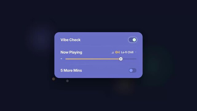 Contemporary digital music player interface widget in dark mode showing active audio playback, song progress, and a prominent 'Vibe Check' toggle switch