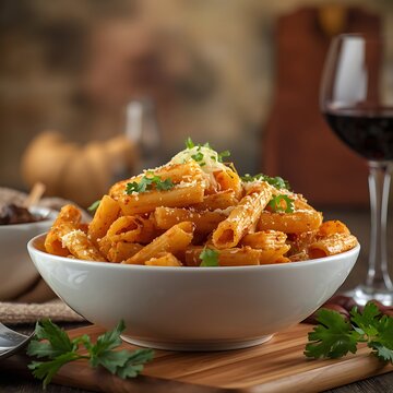 French Onion Pasta features plenty of caramelized sweet onions, fresh thyme, al dente penne and cheese closeup on the bowl on the wooden board. Horizontal