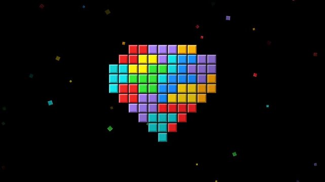 Abstract digital heart crafted from bright, multi-colored square blocks, glowing with a playful retro-tech aesthetic in a dark space