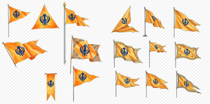 Set of Sikh Nishan Sahib flags in various shapes and waving positions, representing the Khalsa.