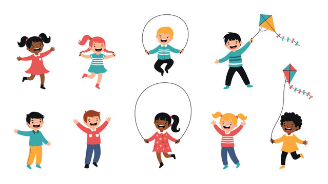 Diverse group of happy children playing and jumping together with skipping ropes and colorful kites on white.