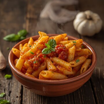French Onion Pasta features plenty of caramelized sweet onions, fresh thyme, al dente penne and cheese closeup on the bowl on the wooden board. Horizontal