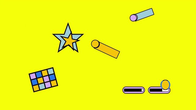 Whimsical assembly of diverse geometric shapes and playful design elements floating on a vibrant yellow backdrop, perfect for modern creative projects