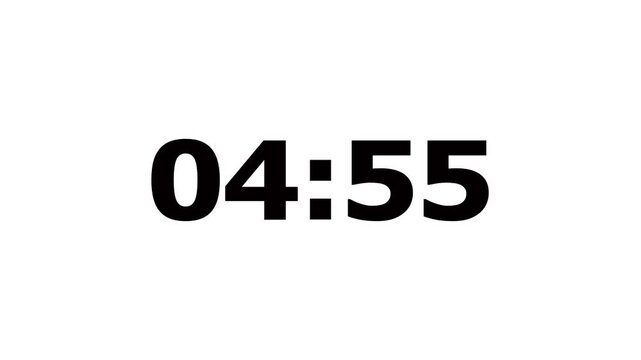 5 minutes countdown, 5 minute timer countdown animation, Five minute countdown timer on white background.
