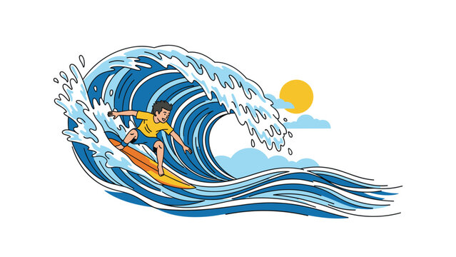 Skillful surfer riding a massive blue ocean wave with white foam under a clear sky and bright yellow sun.