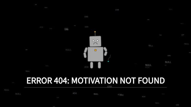 A minimalistic illustration of a disheartened robot encountering a '404 Motivation Not Found' error, symbolizing modern challenges like digital burnout and lack of inspiration