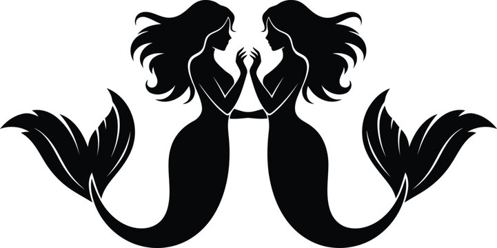 Black silhouette of two mermaids facing each other with joined hands and flowing hair