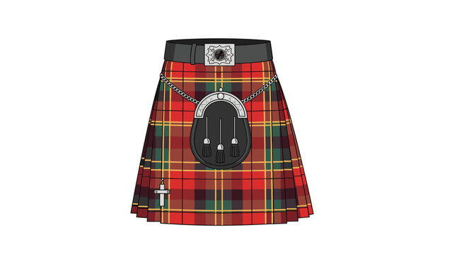 Traditional red tartan Scottish kilt featuring a black leather belt and a sporran with tassels on white.
