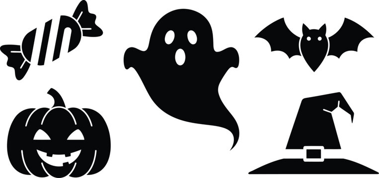 Black halloween icons set including ghost, pumpkin, candy, bat and witch hat on white background