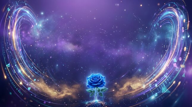 Blue rose growing within cosmic futuristic digital space