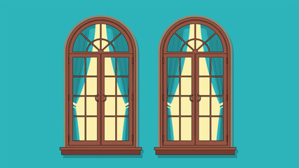 Obraz premium Pair of large arched wooden windows with multiple panes and elegant teal curtains revealing a bright yellow glow from inside.