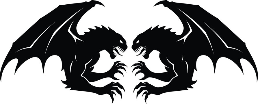 black silhouette of a pair of dragon wings with claws on white background for tattoo or sticker