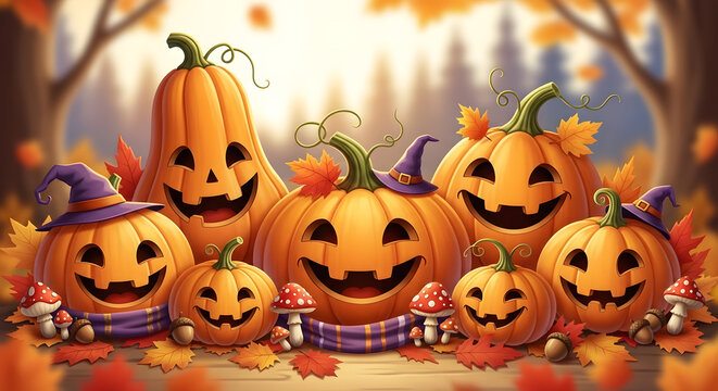 A large group of various shaped pumpkins with smiling faces wearing purple hats and scarves set in a forest with mushrooms