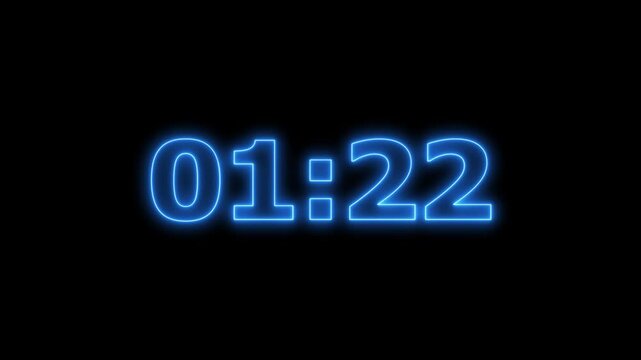 One minute thirty seconds countdown timer with glowing neon effect. Digital timer counts down from 90 seconds to zero, blue neon numbers illuminating dark background with dynamic motion.