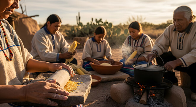 A group of people using traditional stone tools to process corn and cooking a meal outdoors in a desert environment