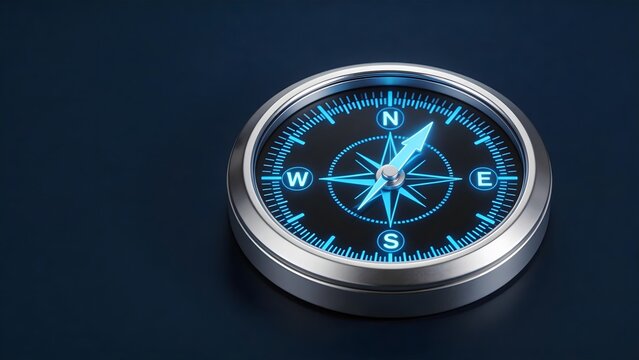 Modern compass with glowing blue needle