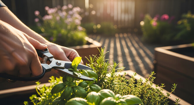 Close up of hands using metal shears to cut organic basil plants growing in a wooden raised garden bed