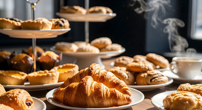 Assorted buttery bakery items and muffins served with a cup of hot coffee
