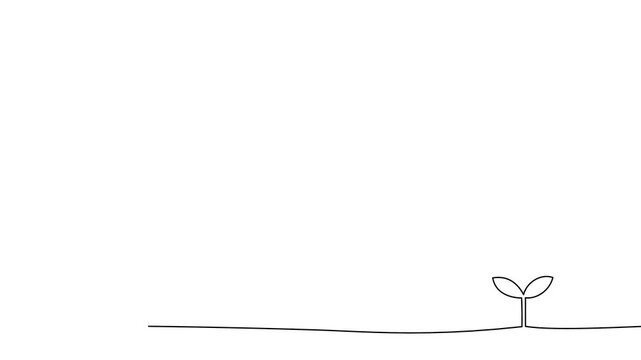 地面から芽を出した双葉の一筆書きの線画。一本の黒い糸が植物の成長を表現したデザイン。右端に植物のシンボルをさりげなく添えたイラスト。シンプルでおしゃれなドローイングアニメーション