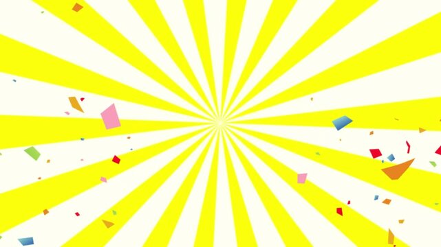 Yellow converging lines rotate and confetti flutters down.