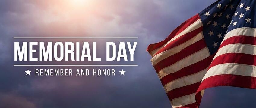 Memorial day remember and honor American flag waving in sky clouds background holiday.