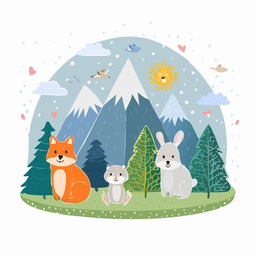 Cute Cartoon Forest Animals Family Sitting Together With Mountains And Sun Illustration