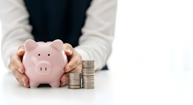 Hands Gently Protecting a Classic Piggy Bank and Stacked Coins, Symbolizing Prudent 4K Financial Planning, Savings, and Secure Investment for Prosperity
