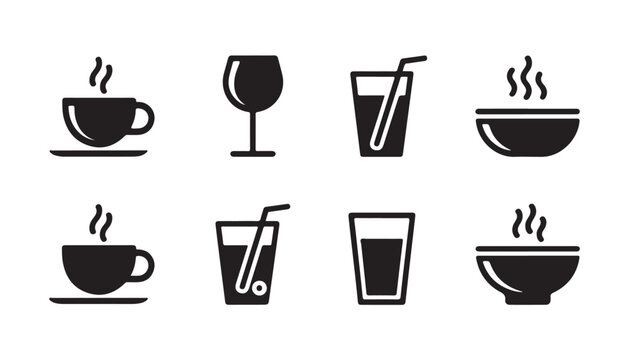 Cafe and restaurant service icons with soup bowls and drink glasses vector silhouette style.