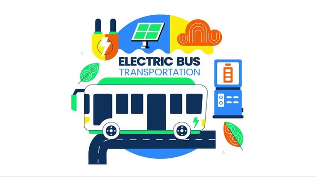 Animation of Electric Bus Transportation Illustration Featuring an Electric City Bus Charging at a Power Station