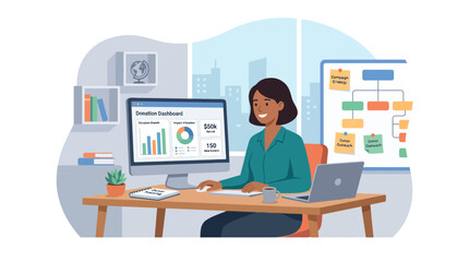 Fototapeta premium Businesswoman Working at Desk with Computer and Charts.