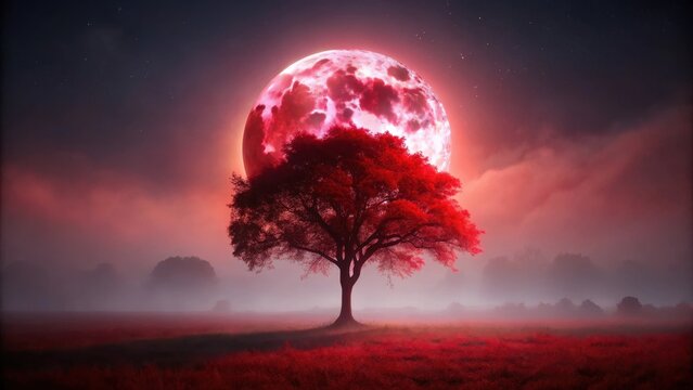 A photo of a red tree silhouetted against a full moon in a misty landscape, the moon casting an ethereal glow through the fog