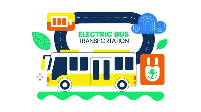 Animation of Electric Bus Transportation Illustration Featuring an Electric City Bus Charging at a Power Station
