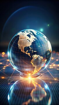 A photo of a holographic globe with an intricate data grid overlay and a world map design, casting a soft, futuristic glow through the transparent sph