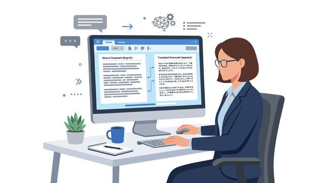 Businesswoman Working at Computer Desk in Office.