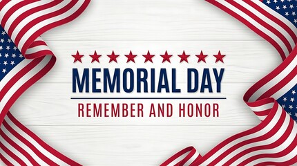 Obraz premium Memorial Day remember and honor with USA flags and stars decoration on white wood background patriotic holiday tribute patriotic symbols and colors.