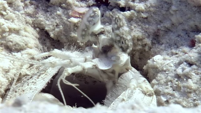 A Mantis Shrimp hides in its burrow, peeking out into the tropical waters. The sandy seafloor surrounding its home provides excellent camouflage. A remarkable predator of the coral reef
