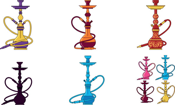 Colorful hookah shisha collection with decorative water pipes smoking equipment ornate designs illustration isolated on white background