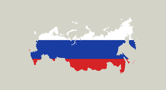 Map of Russia outlined with Russian flag colors on neutral background