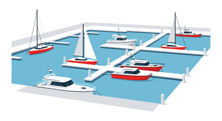 Fototapeta premium Several vibrant red and white sailboats and motorboats are neatly docked along white floating piers in a tranquil blue isometric marina under bright light.