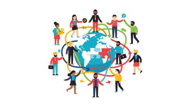 Diverse people holding hands around globe.