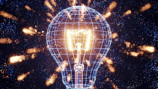 A glowing blue lightbulb with a grid pattern and a globe inside, surrounded by swirling particles
